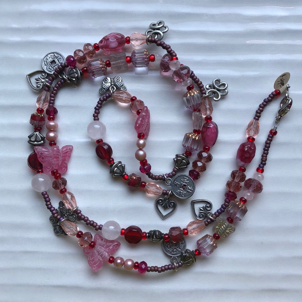 COPY - Pink and Red Mixed Bead Glass and Charm Necklace